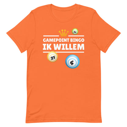 An orange unisex T-shirt with 'GamePoint Bingo Ik Willem' printed on the front, featuring icons and the Dutch flag.